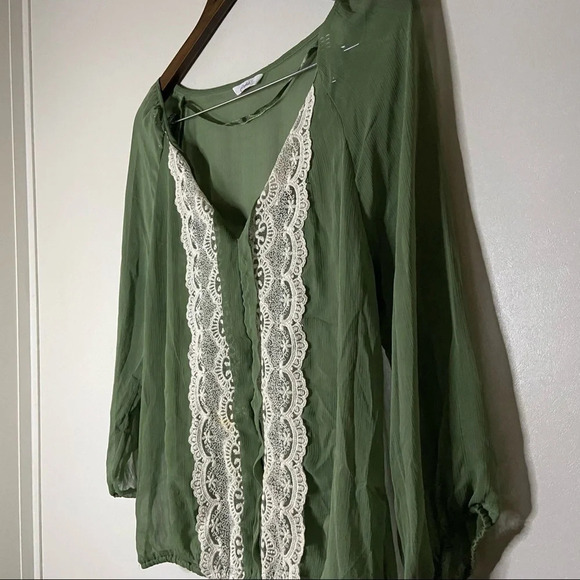 Sheer Lace Top Embroidered Blouse Gathered Long Sleeve Size Large - Picture 2 of 9